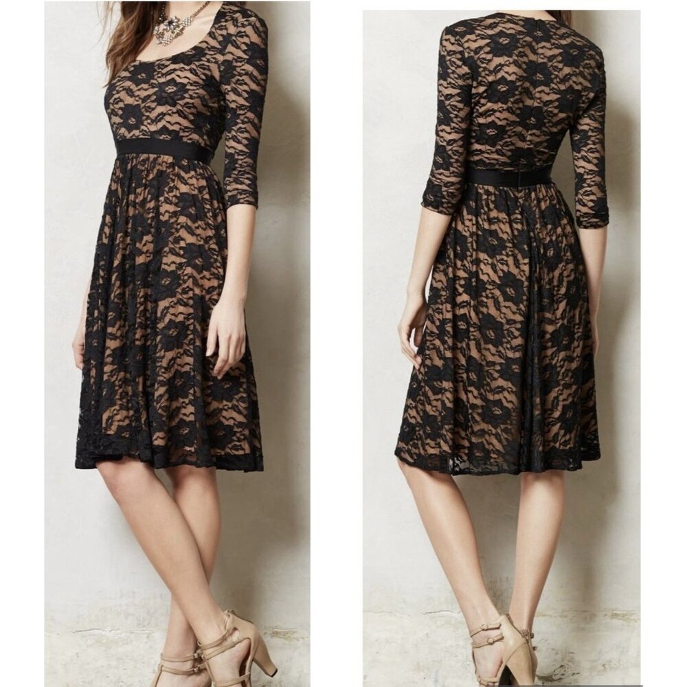 MARCBOUWER ANTHROPOLOGIE Lace Sava Dress Size 12 knee Black Stretch Zipper Lined - Picture 1 of 15
